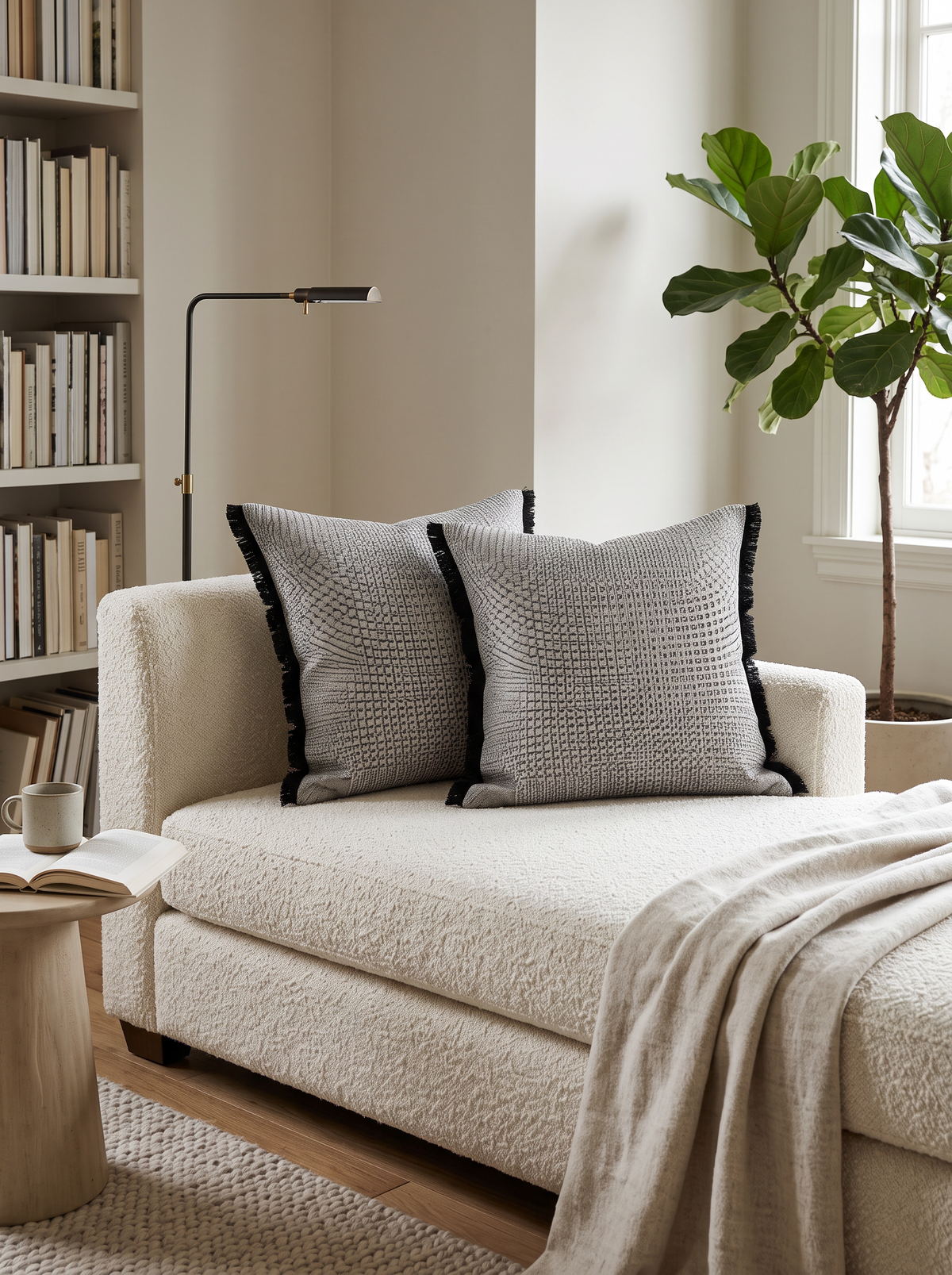Grey & Black Jacquard Tassel Cotton Linen Cushion Covers, styled at home on a bouclé daybed