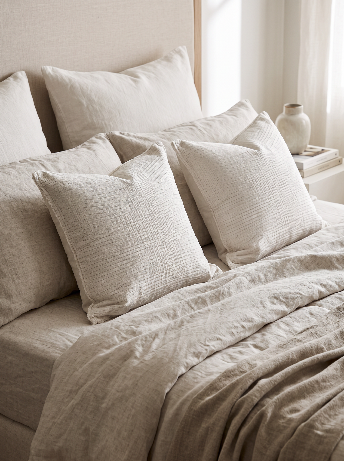 Ivory Jacquard Tassel Cotton Linen Cushion Covers, styled at home on a made bed