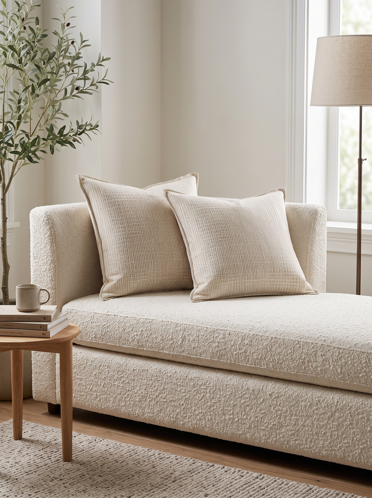 Ivory Basket Weave Jacquard Cotton Linen Cushion Covers, styled at home on a bouclé daybed