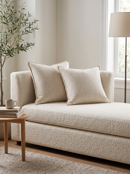 Ivory Basket Weave Jacquard Cotton Linen Cushion Covers, styled at home on a bouclé daybed
