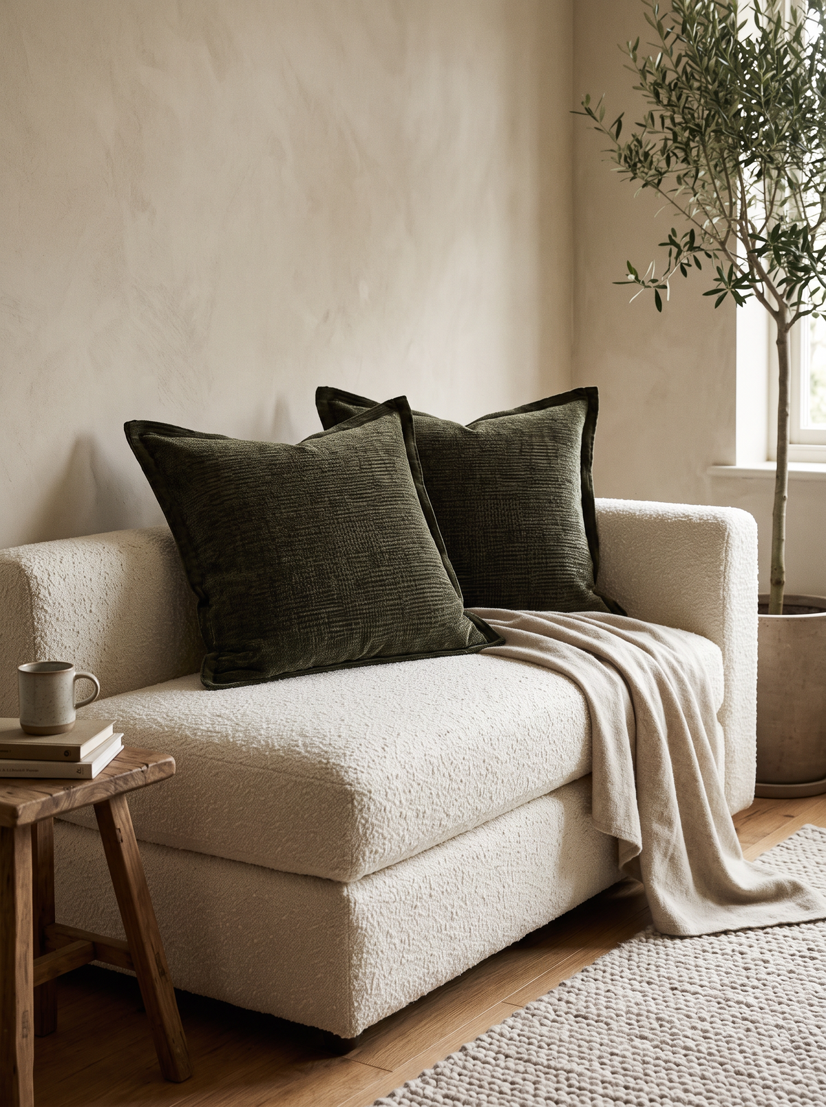 Moss Green Chenille Jacquard Cushion Covers, styled at home on a bouclé daybed