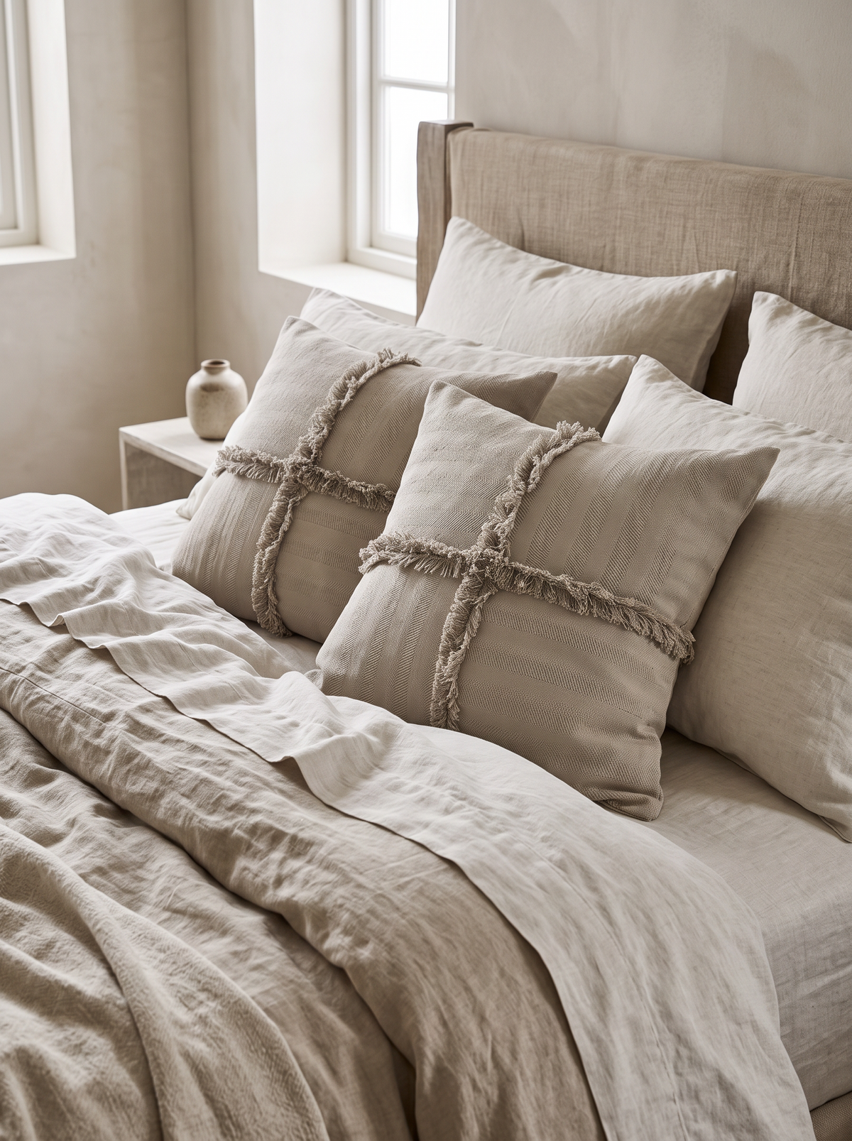 Natural Fringed Jacquard Tassel Linen Cotton Cushion Covers, styled at home on a made bed