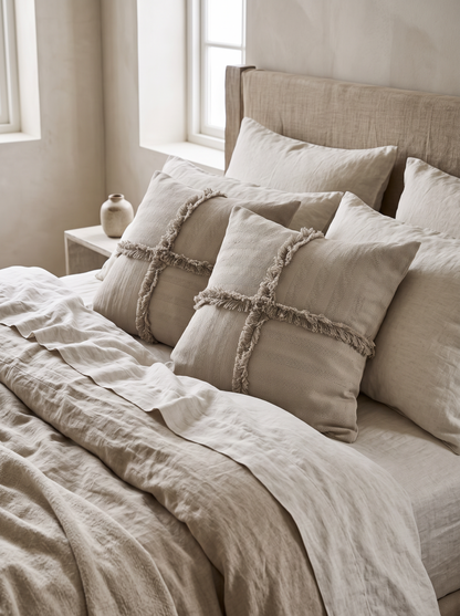 Natural Fringed Jacquard Tassel Linen Cotton Cushion Covers, styled at home on a made bed