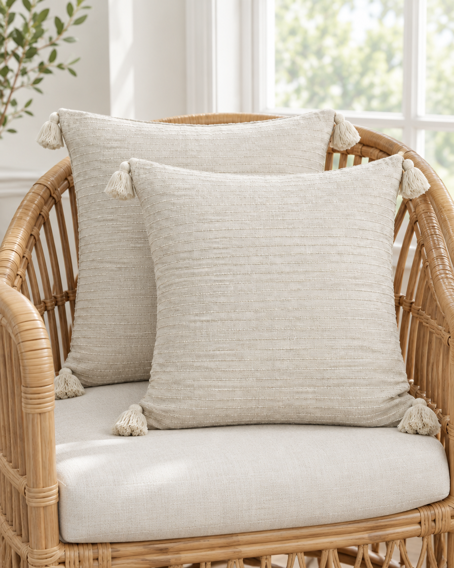 Two ivory textured cushion covers with corner tassels on a rattan armchair