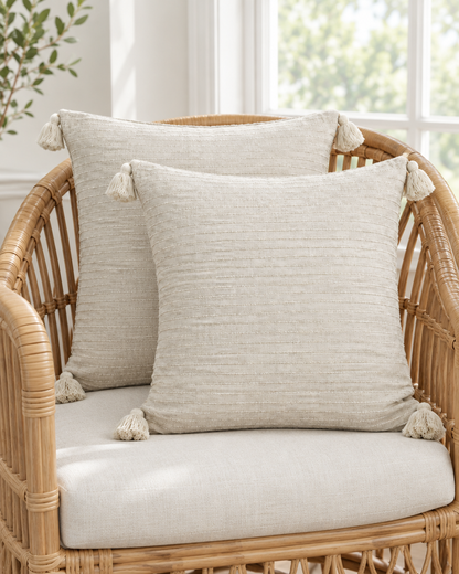 Two ivory textured cushion covers with corner tassels on a rattan armchair
