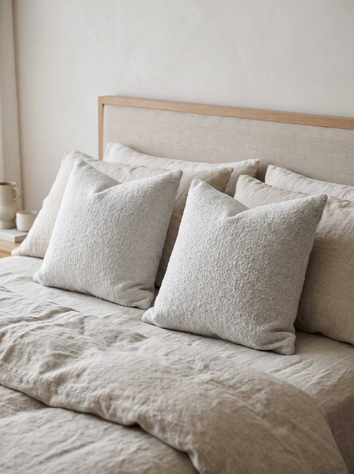 Ivory Jacquard Wool Cushion Covers, styled at home on a made bed