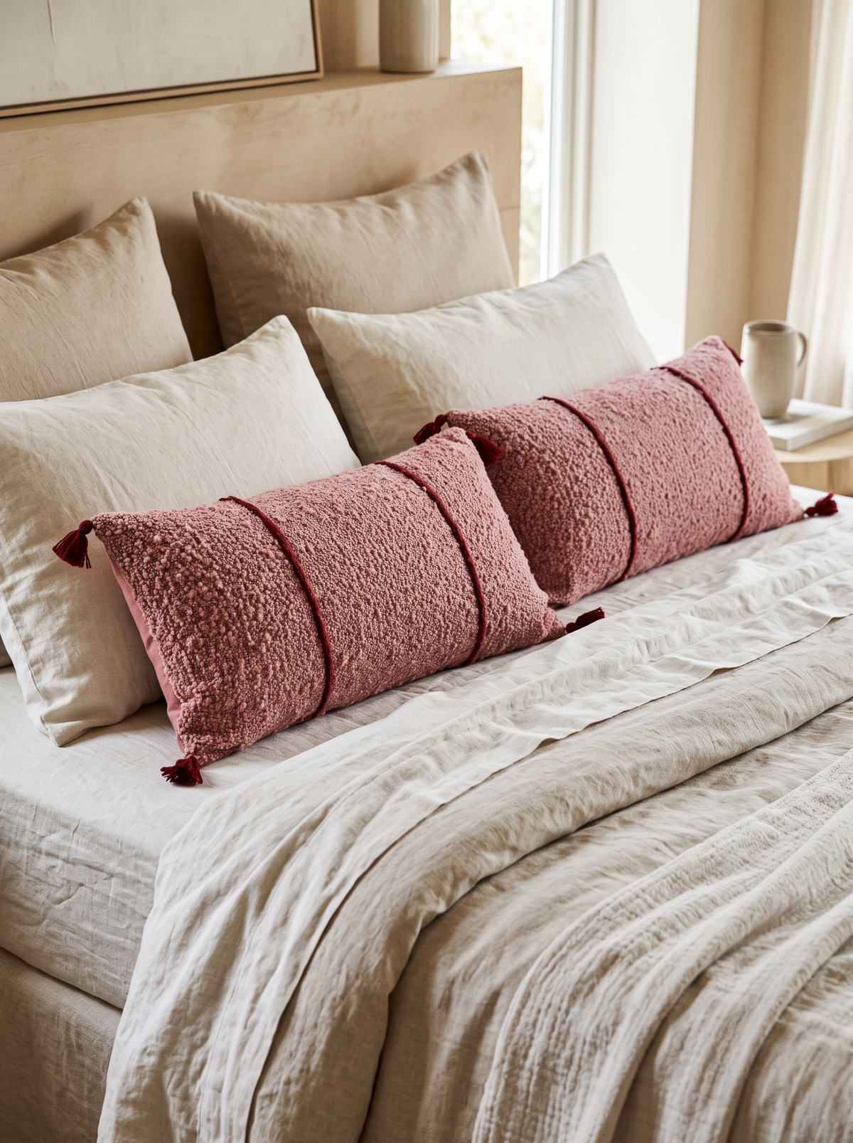 Red Flecked Hand-Woven Cushion Covers, styled at home on a made bed