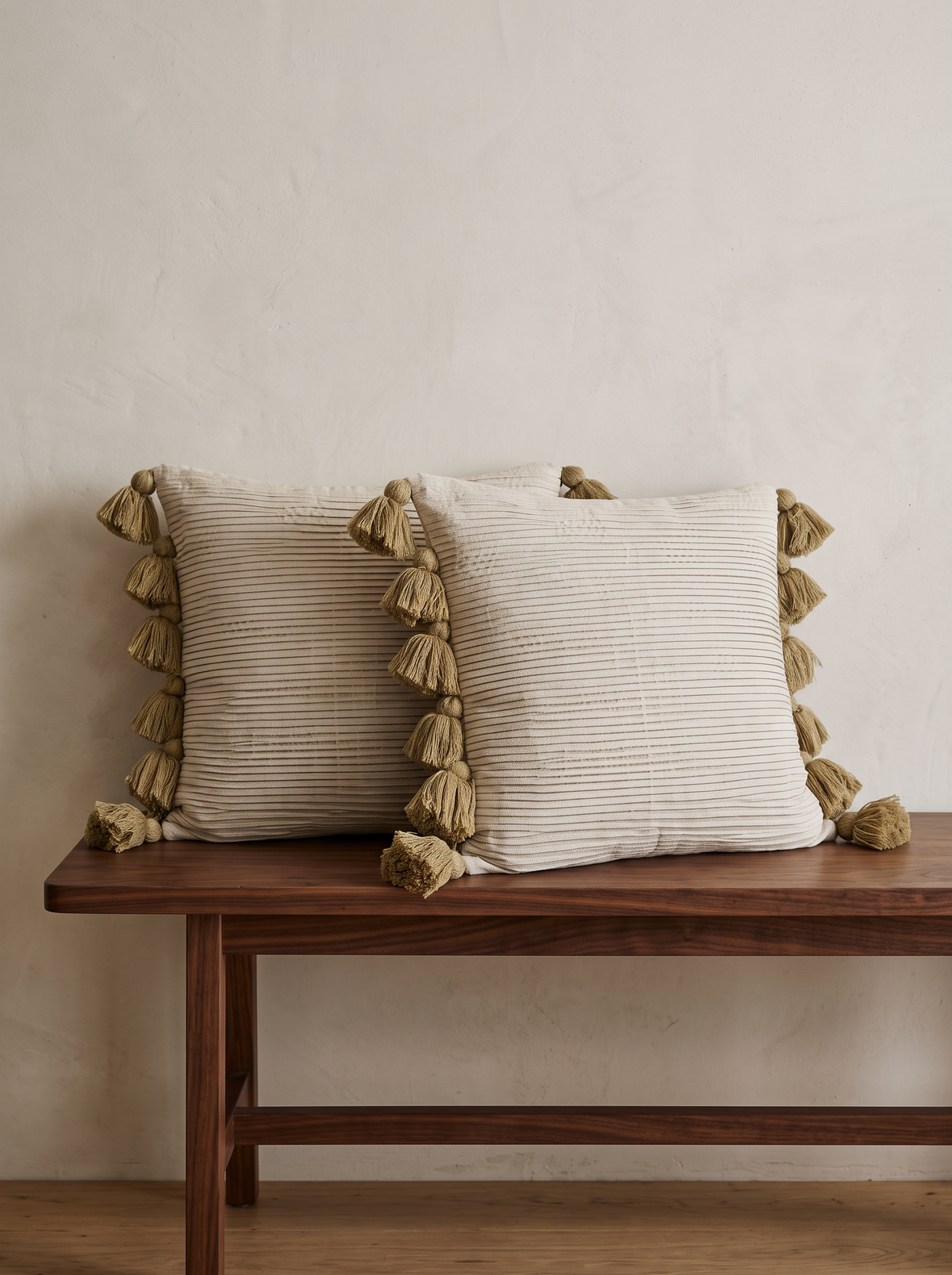 Oat Jacquard Tassel Cotton Linen Cushion Covers, styled at home on a walnut bench