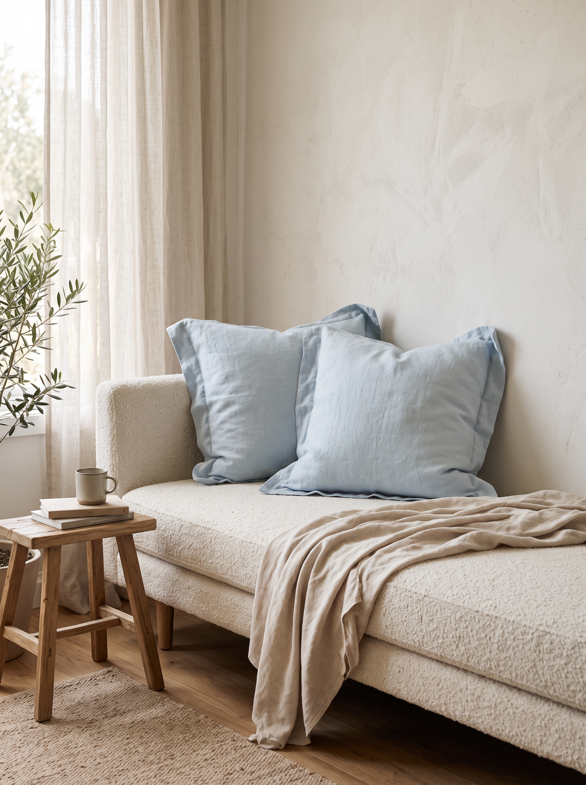 Powder Blue Two-Tone Lyocell Linen Cushion Covers, styled at home on a bouclé daybed