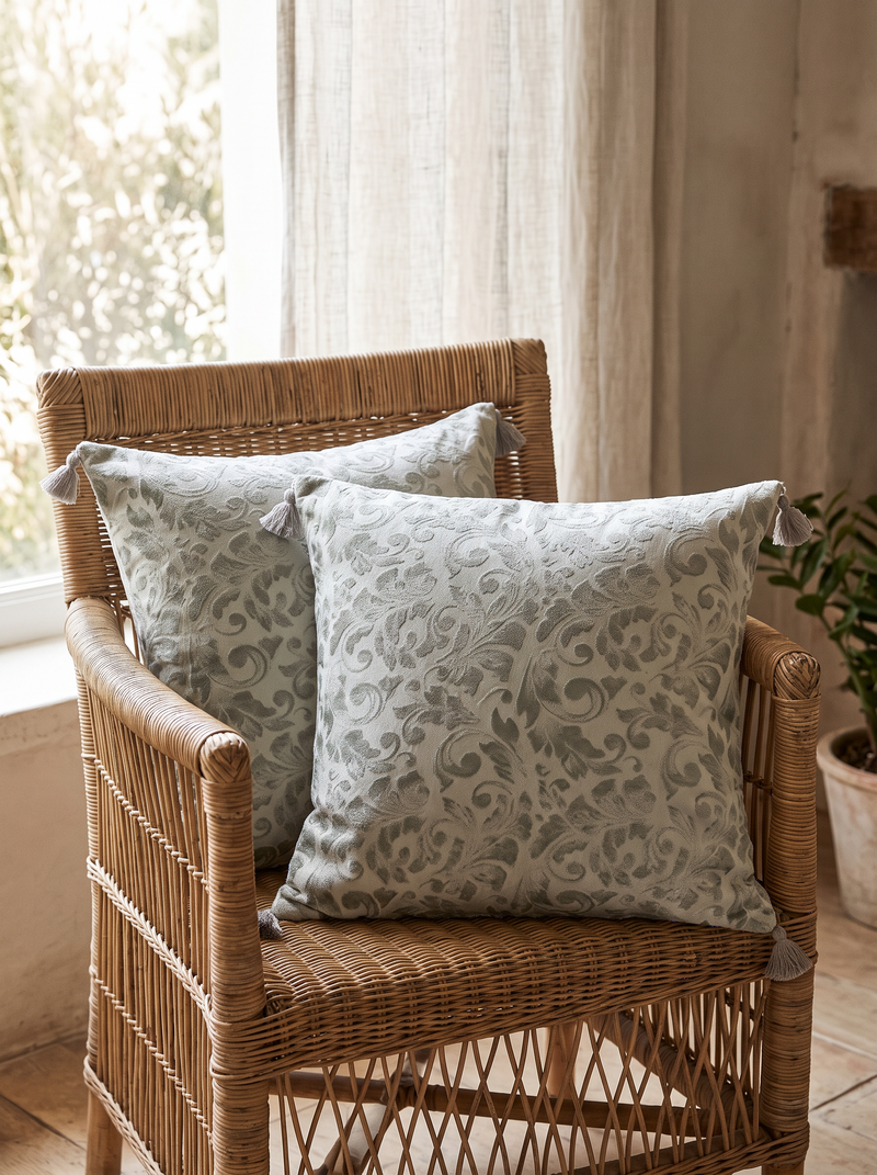 Sage & Ivory Grape Leaf Jacquard Cotton Linen Cushion Covers, styled at home on a rattan armchair by a window