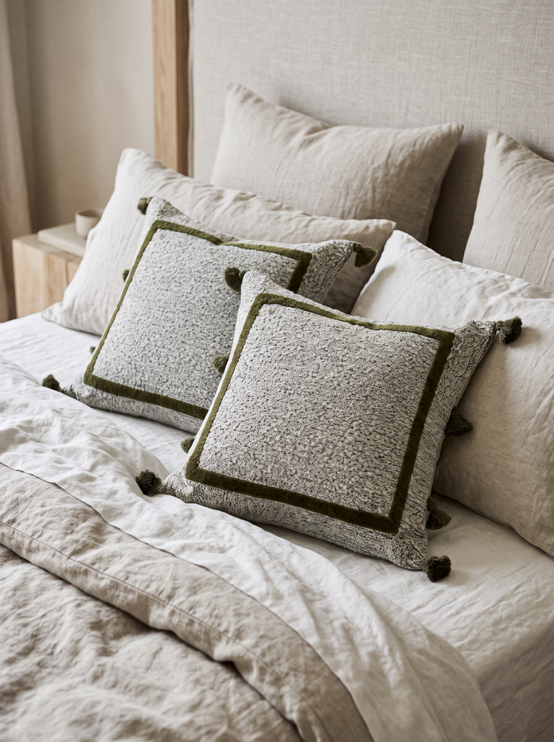 Sage & Green Bouclé Jacquard Cushion Covers, styled at home on a made bed