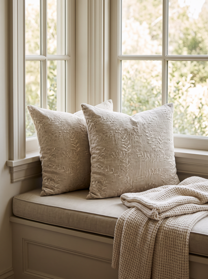 Oat Sprig Embroidery Linen Viscose Cushion Covers, styled at home on a window seat