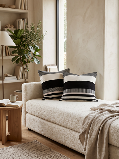 Black & White Stripe Jacquard Cushion Covers, styled at home on a bouclé daybed
