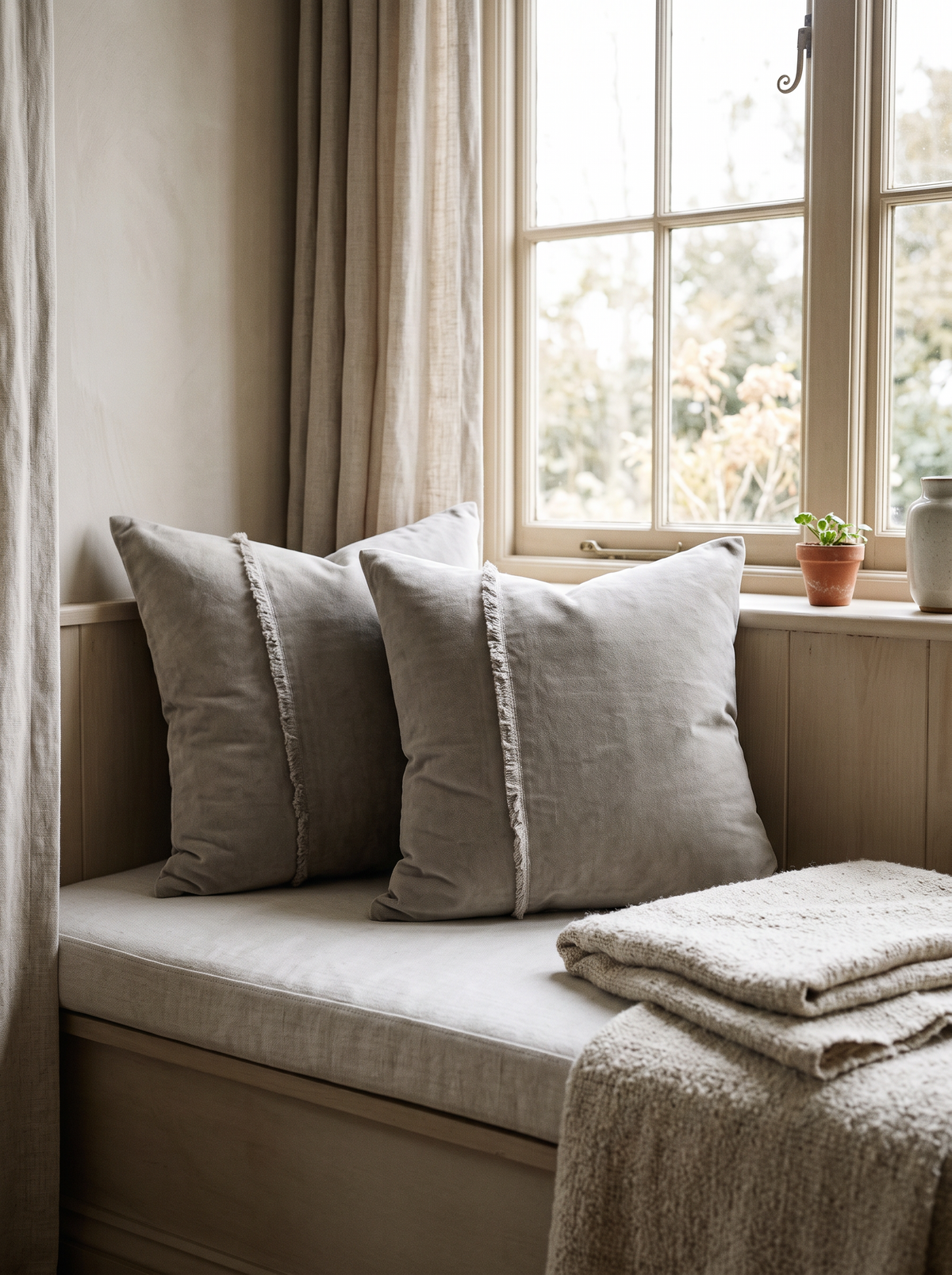 Stone Jacquard Cotton Linen Cushion Covers, styled at home on a window seat