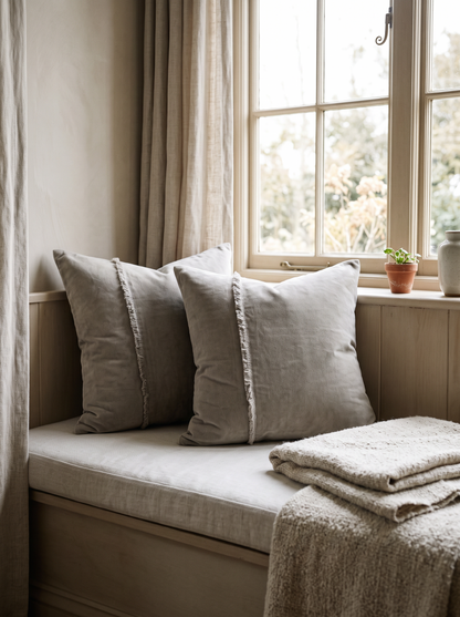 Stone Jacquard Cotton Linen Cushion Covers, styled at home on a window seat