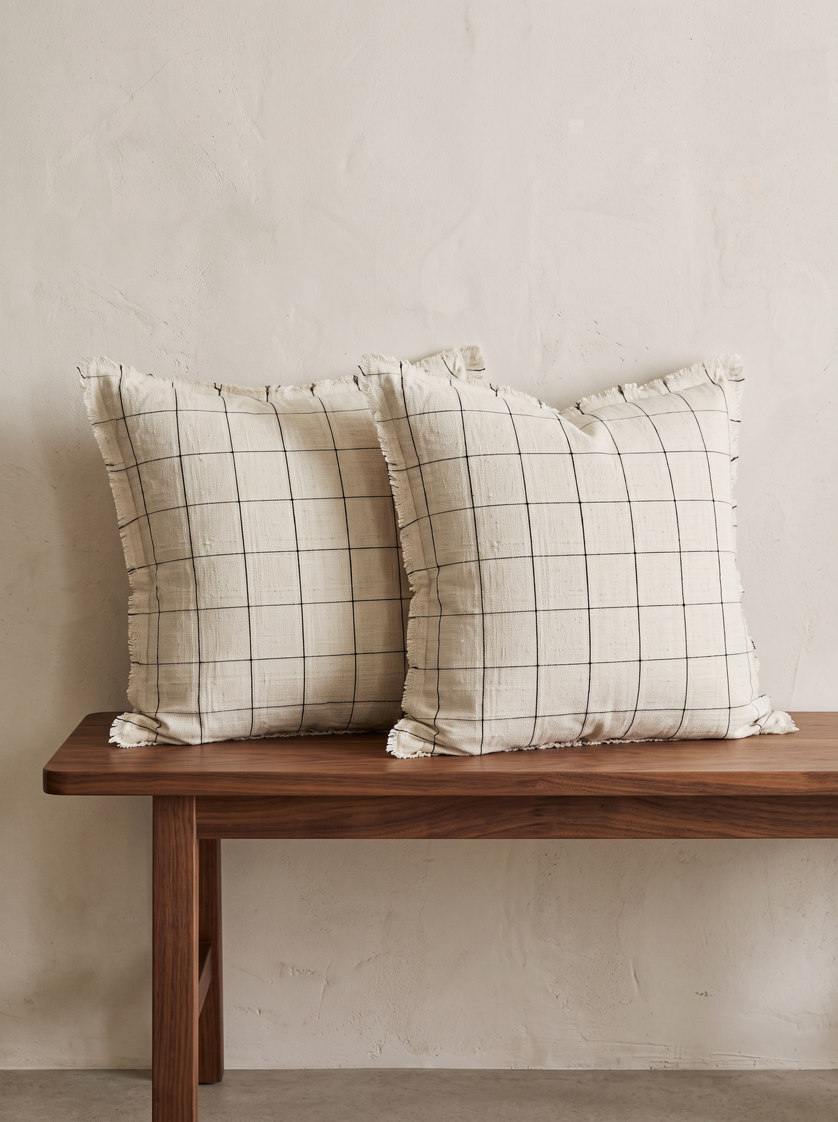 Natural Check Jacquard Linen Cotton Cushion Covers, styled at home on a walnut bench