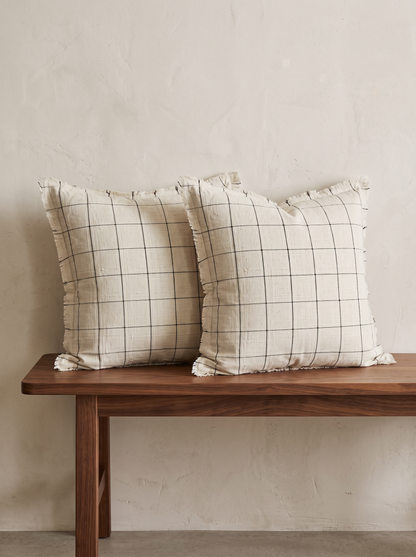 Natural Check Jacquard Linen Cotton Cushion Covers, styled at home on a walnut bench