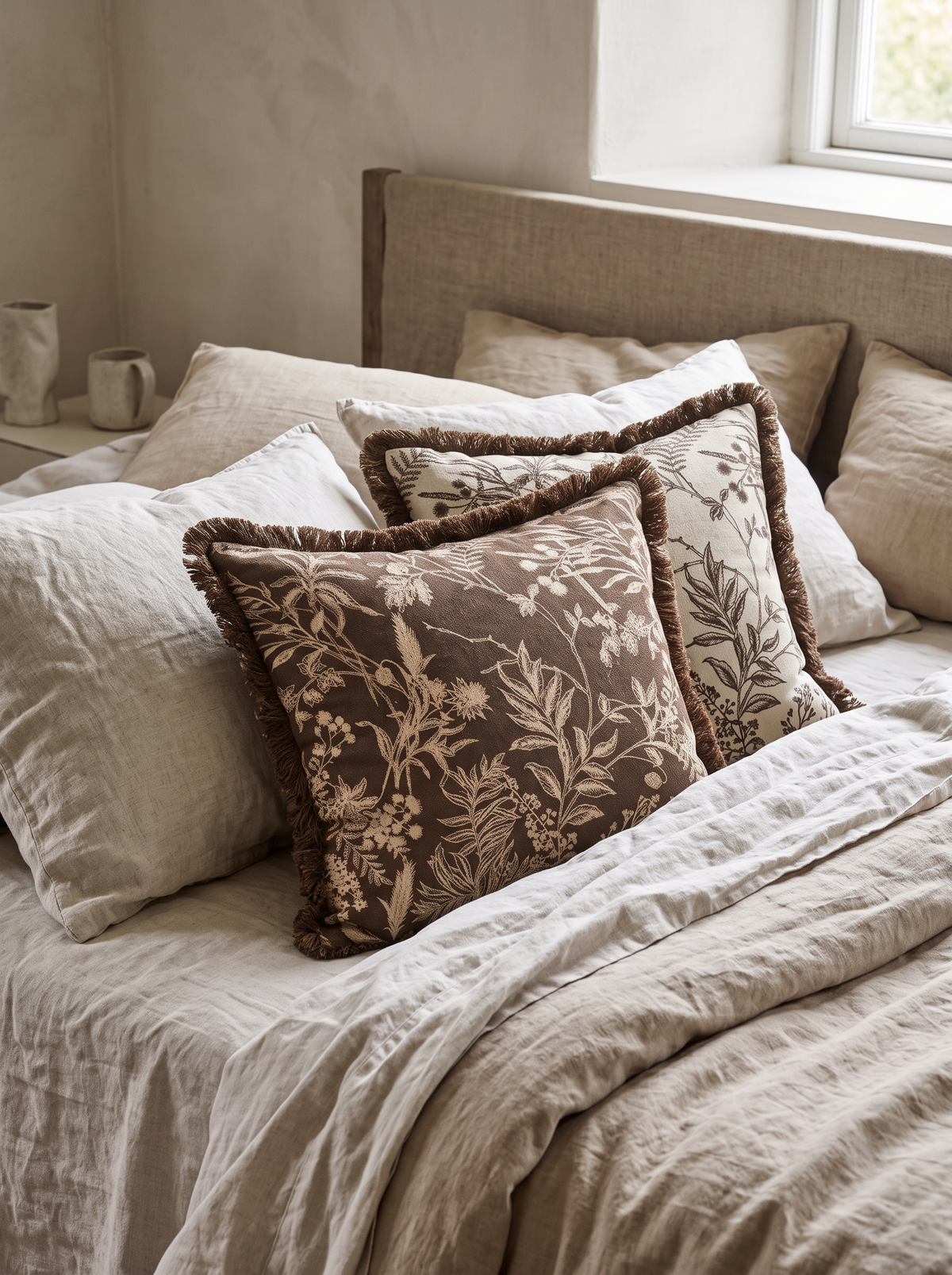 Chocolate Botanical Jacquard Cotton Linen Cushion Covers, styled at home on a made bed