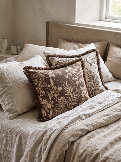 Chocolate Botanical Jacquard Cotton Linen Cushion Covers, styled at home on a made bed