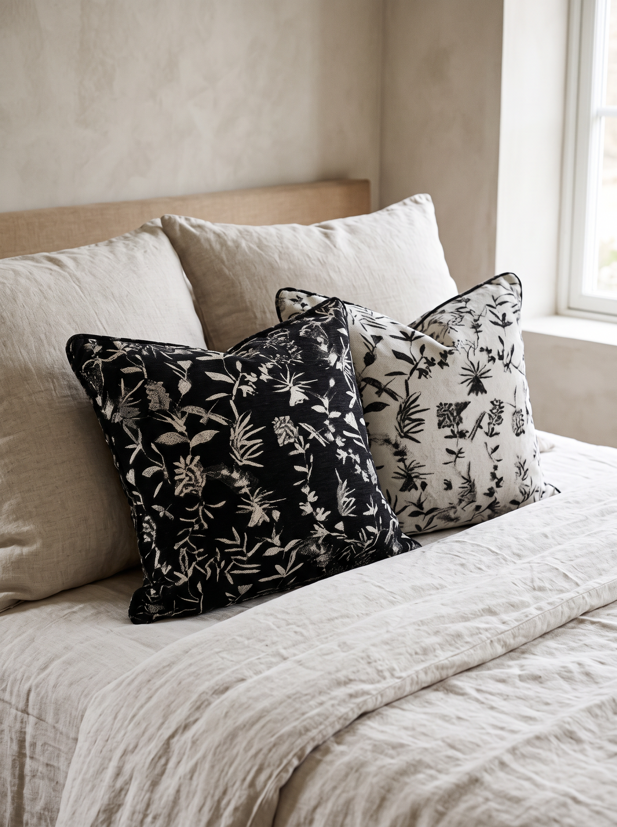 Black & Ivory Botanical Jacquard Cushion Covers, styled at home on a made bed