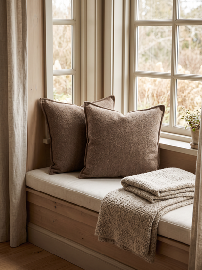 Mocha Bouclé Jacquard Cushion Covers, styled at home on a window seat
