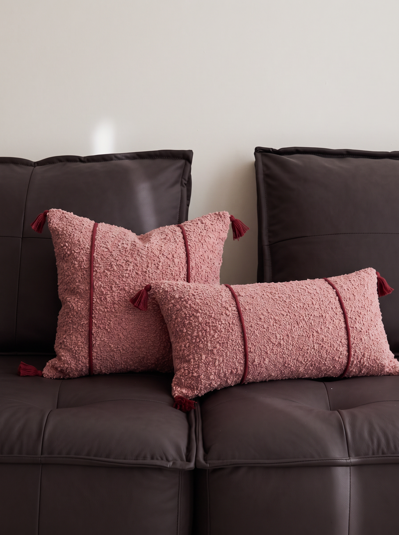 Red Flecked Hand-Woven Cushion Covers, square and lumbar, styled at home on a leather sofa