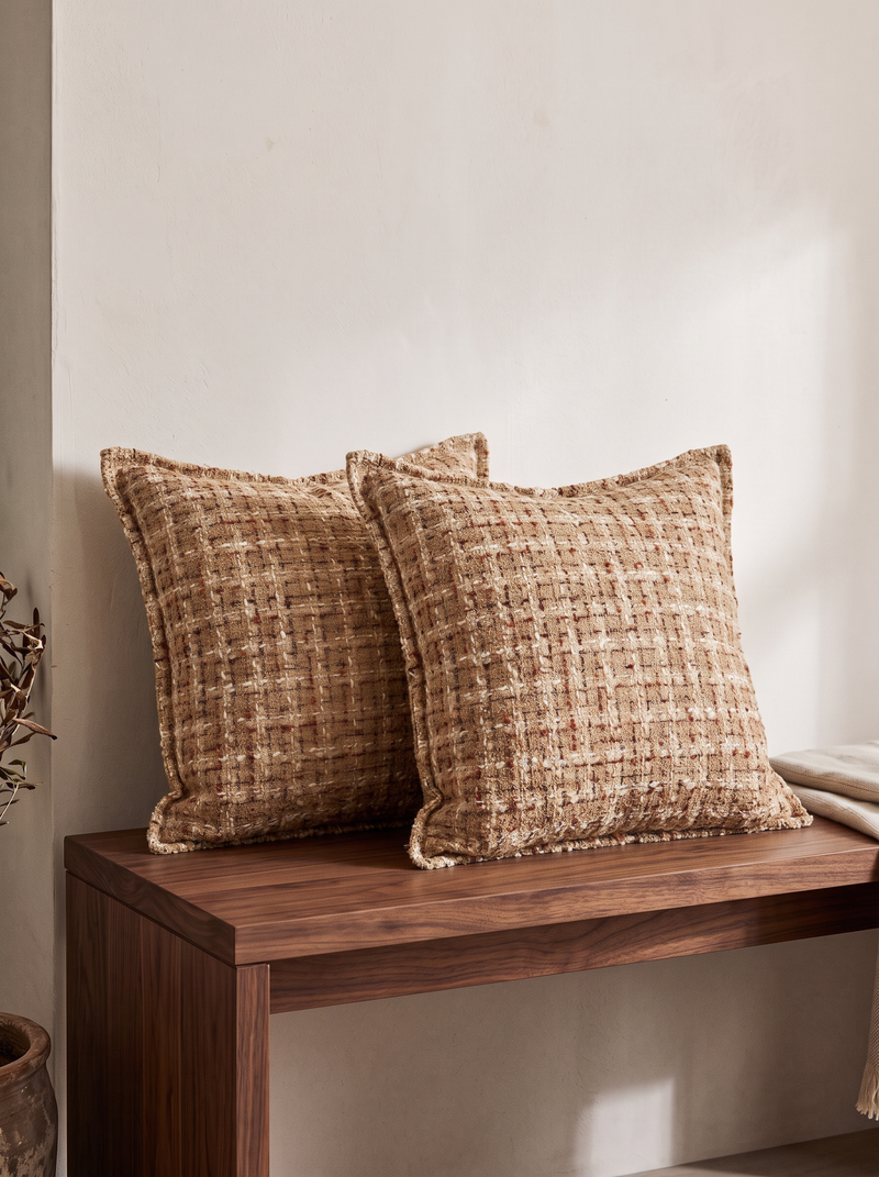 Brown Tweed Jacquard Wool Viscose Cushion Covers, styled at home on a walnut bench
