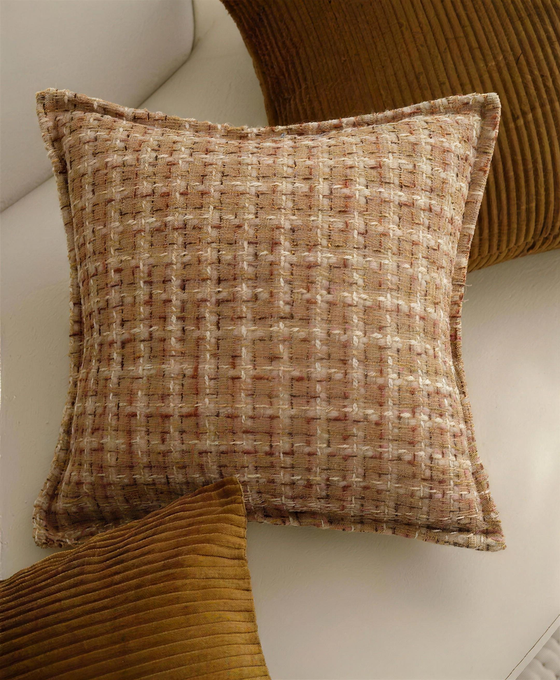 Brown Tweed Jacquard Wool Viscose Cushion Covers, styled at home on a cream sofa