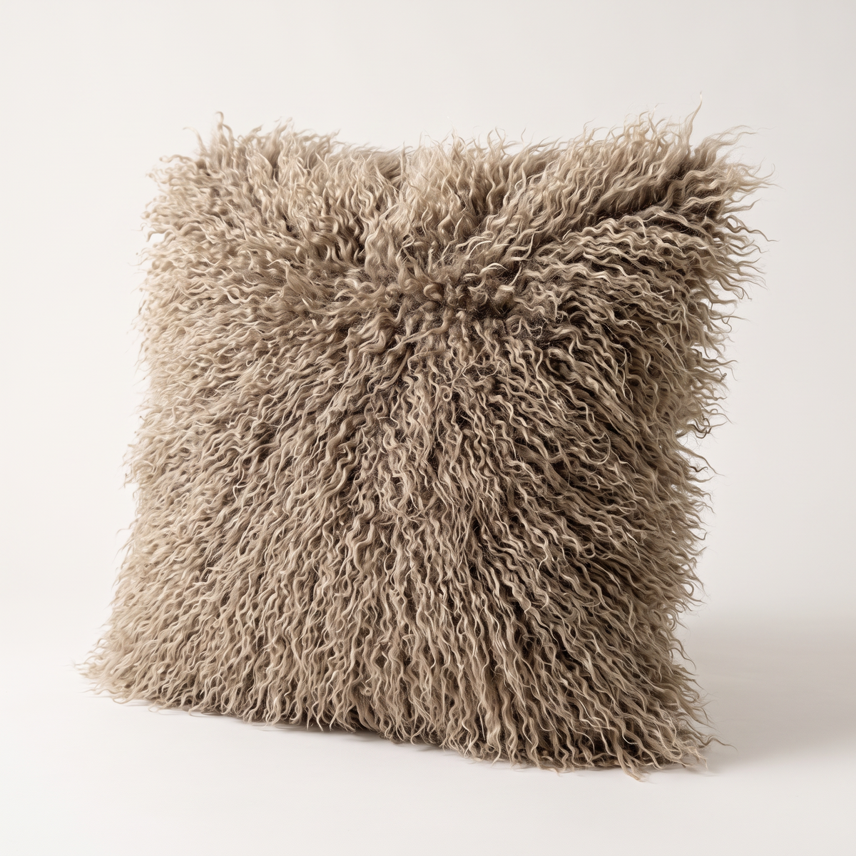 Shaggy Faux Fur Cushion Cover in Khaki, long curly fur close up