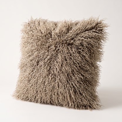Shaggy Faux Fur Cushion Cover in Khaki, long curly fur close up