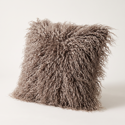 Shaggy Faux Fur Cushion Cover in Smoky Grey, long curly fur close up