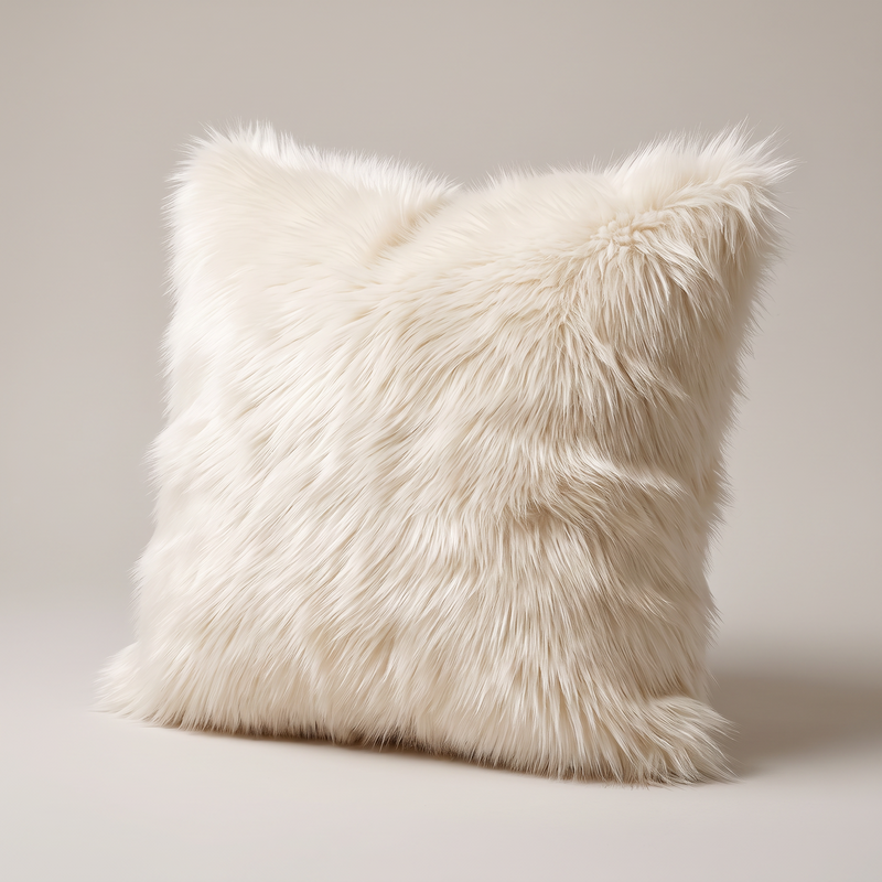 Faux Fox Fur Cushion Cover in Ivory, long silky fur close up