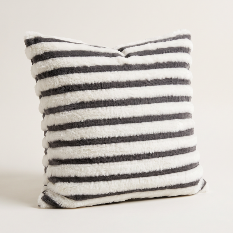 Grey & Ivory Stripe Faux Fur Cushion Cover, square 50x50 cm, plush fur close up