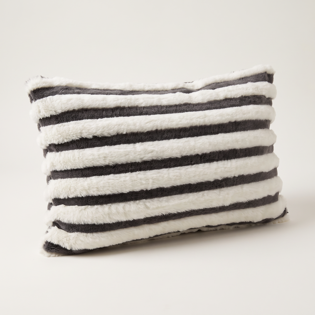 Grey & Ivory Stripe Faux Fur Lumbar Cushion Cover, 30x50 cm