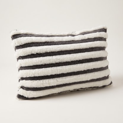 Grey & Ivory Stripe Faux Fur Lumbar Cushion Cover, 30x50 cm