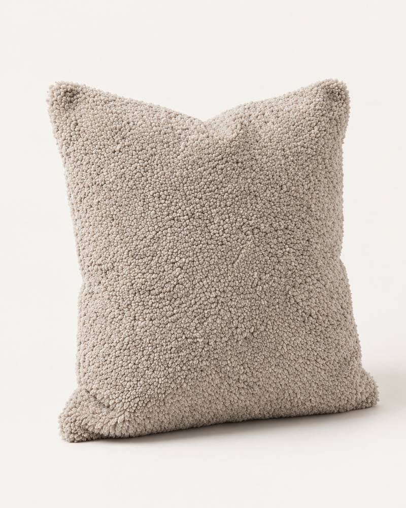 Beige Teddy Faux Fur cushion cover, studio photo