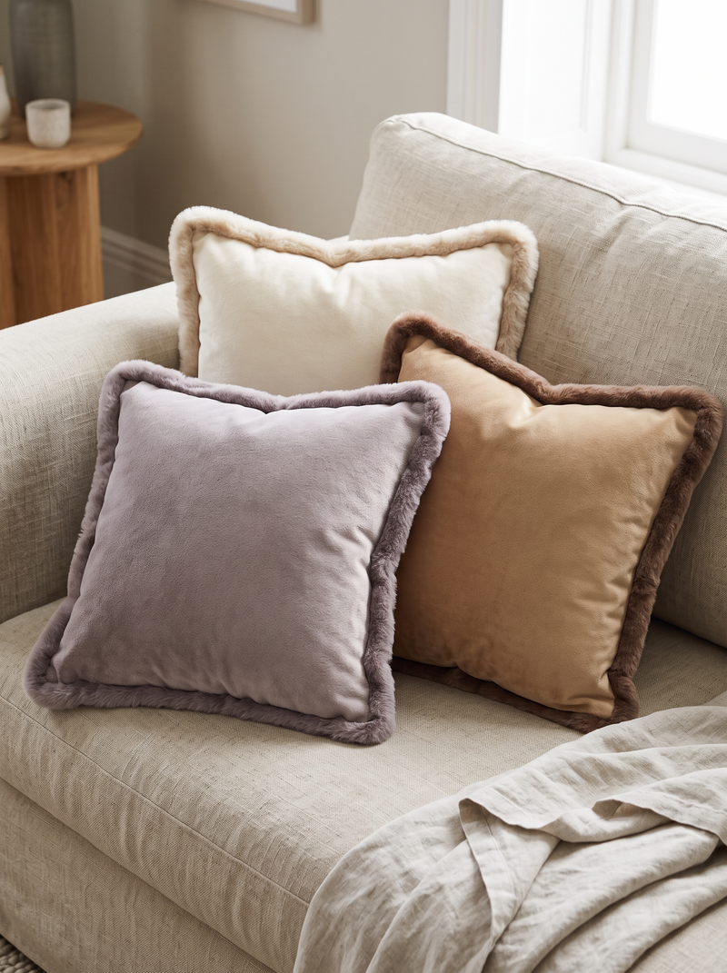 Faux Rabbit Fur Cushion Covers in Camel, Mauve and Cream, styled together on a linen sofa
