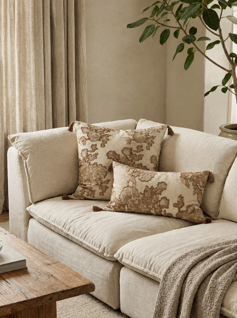 Ivory & Tan Camellia Embroidery cushion covers, square and lumbar with corner tassels, styled at home on a cream sofa