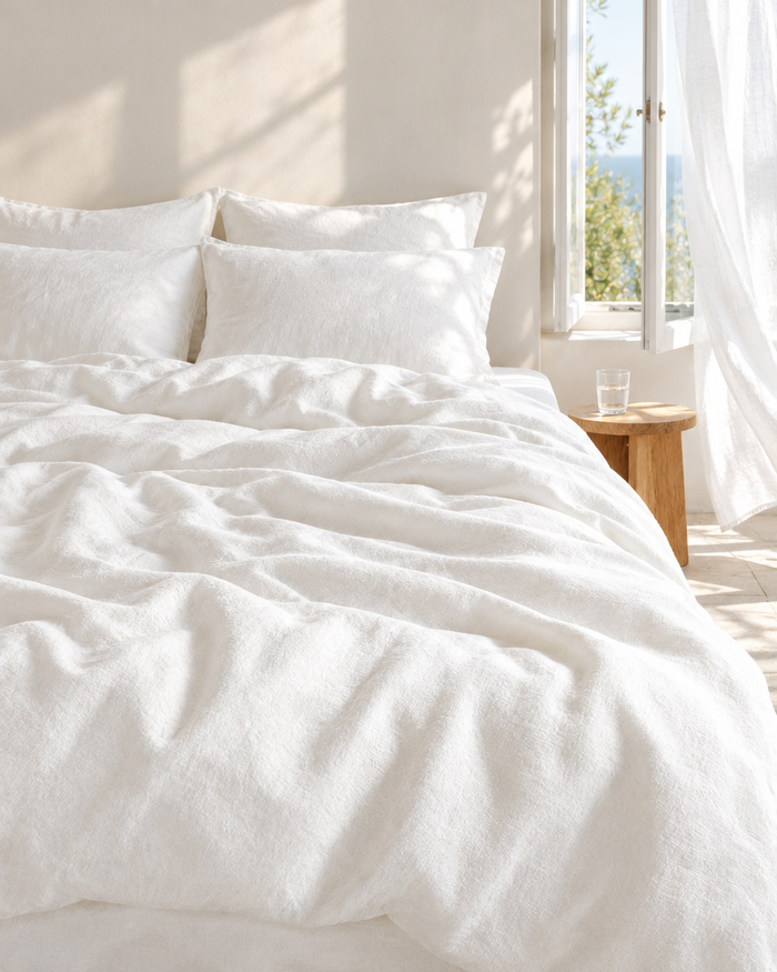 Snow white French linen duvet cover, sheet and pillows beside an open summer window