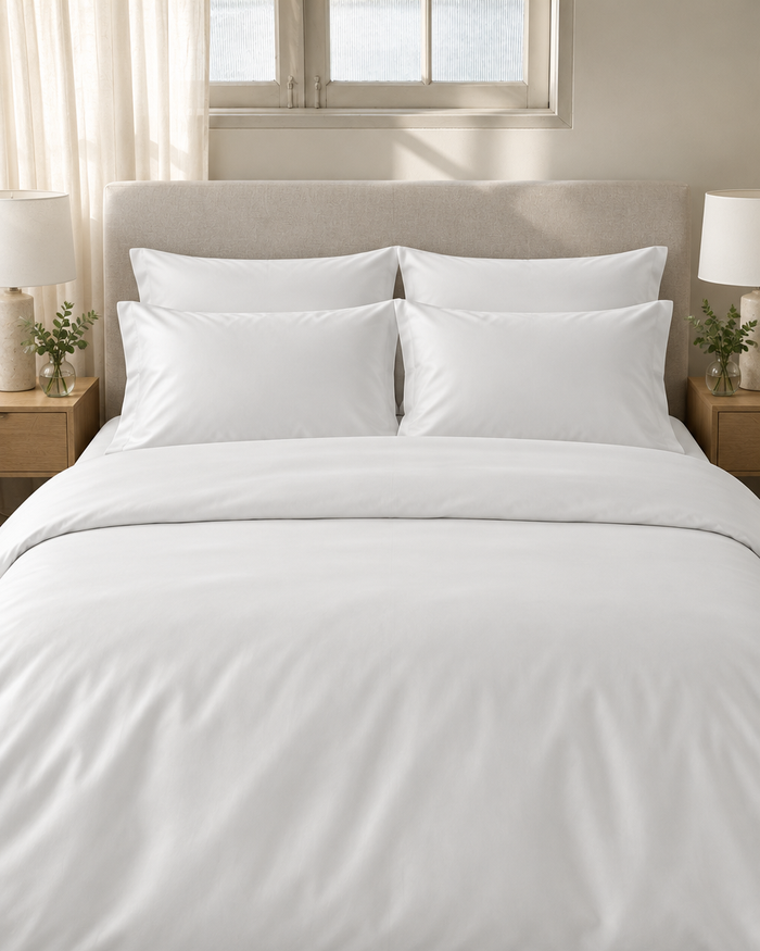 Crisp hotel style bed in milky white Silky Cotton sateen with a deep turn-down