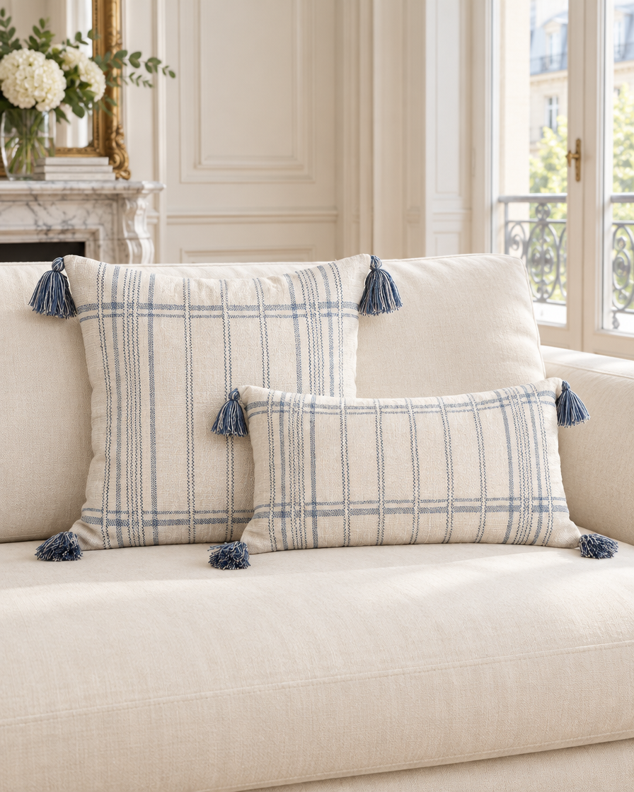 Ivory stripe and check lumbar cushions with blue embroidery and blue tassels on a cream sofa in a Parisian salon