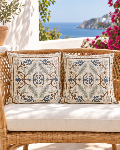 Ivory cushion covers with a framed blue and brown medallion print on a rattan bench by the sea