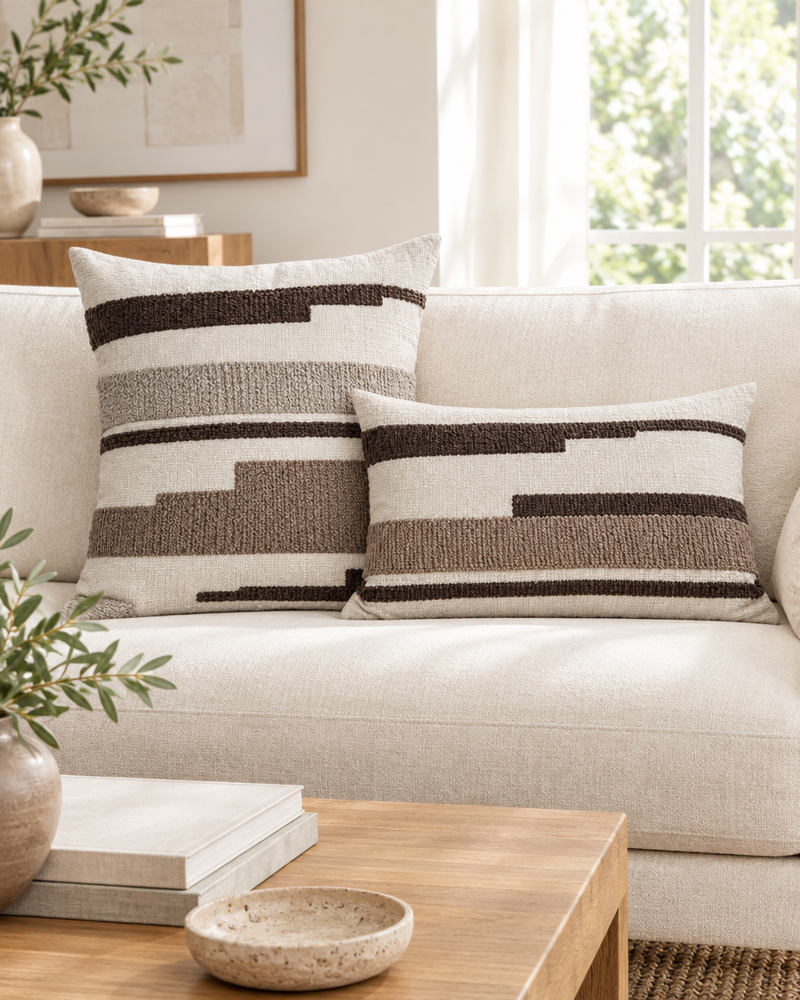Ivory brushstroke embroidered square and lumbar cushions in chocolate and taupe on a cream sofa