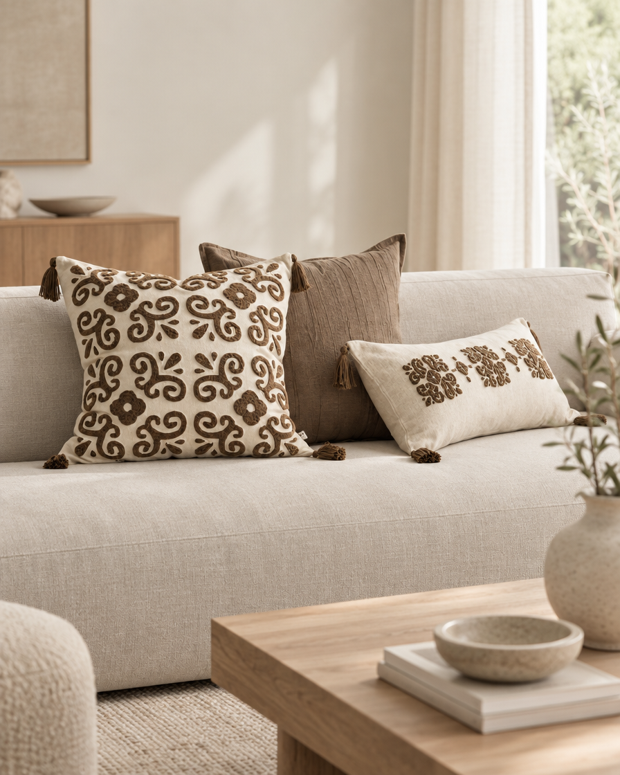 Ivory and brown embroidered cushions on a sofa in a Japandi lounge with a low oak table
