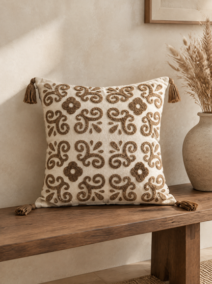 Ivory & Brown Embroidery Ramie Cotton Cushion Covers, styled at home