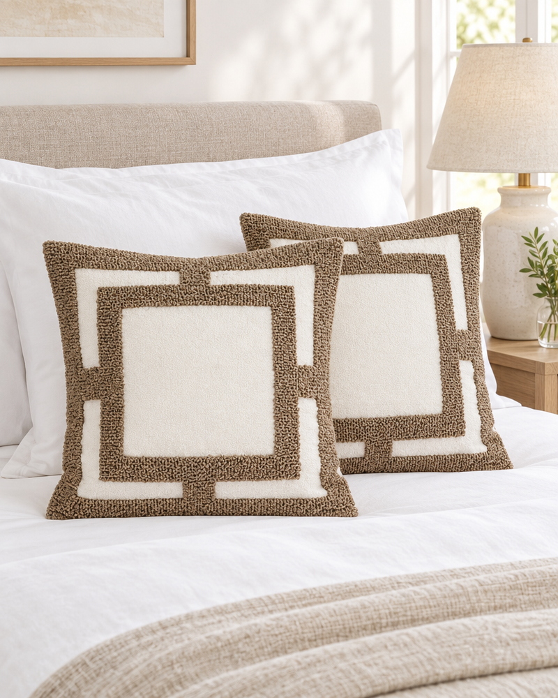 Ivory cushions framed in caramel loop-pile tufting on a made bed with white linen and a bedside lamp