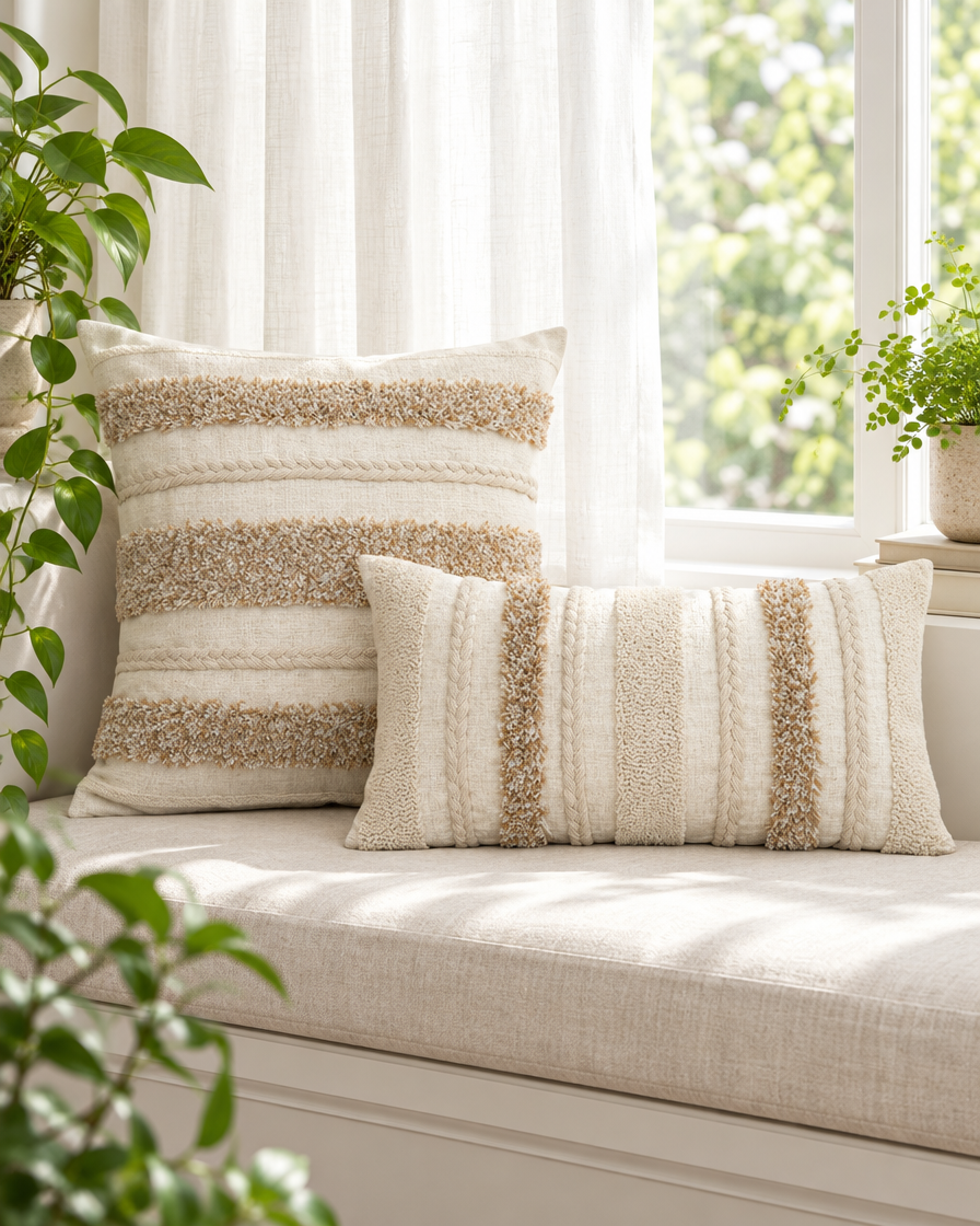 Ivory cushions with tufted oat bands and braided stripes on a window seat with sheer curtains and plants