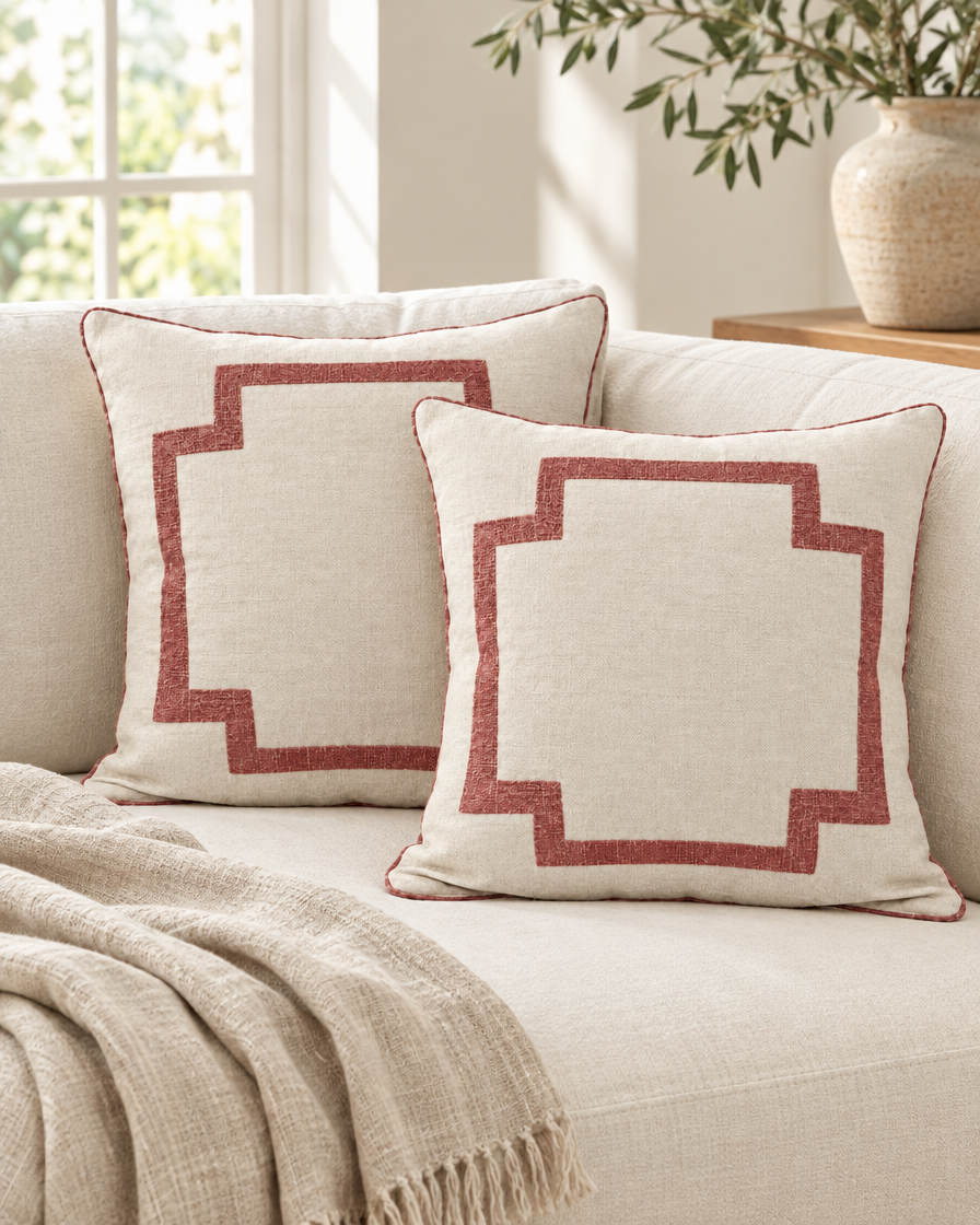 Two ivory linen cushions with dusty rose embroidered frame borders on a cream sofa with a linen throw