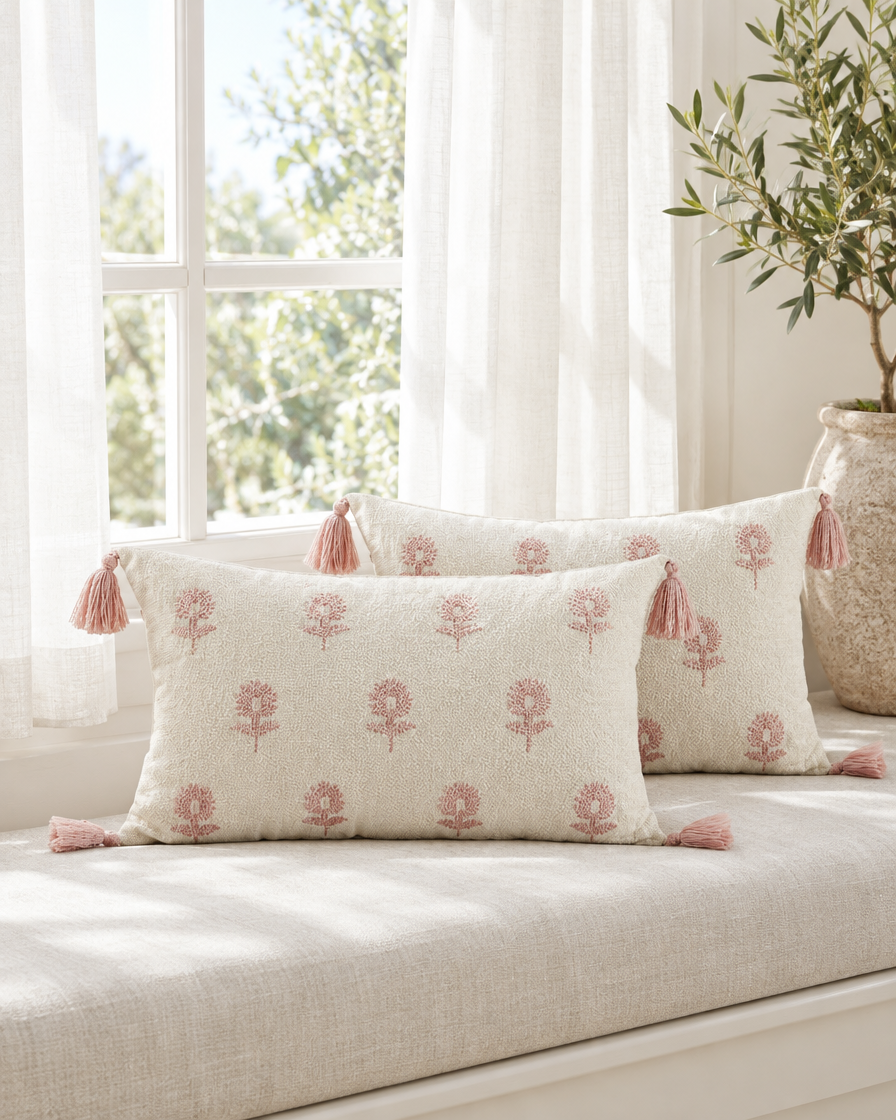 Ivory lumbar cushion covers with dusty-rose embroidered flowers and pink corner tassels on a sunlit linen window seat