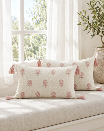 Ivory lumbar cushion covers with dusty-rose embroidered flowers and pink corner tassels on a sunlit linen window seat
